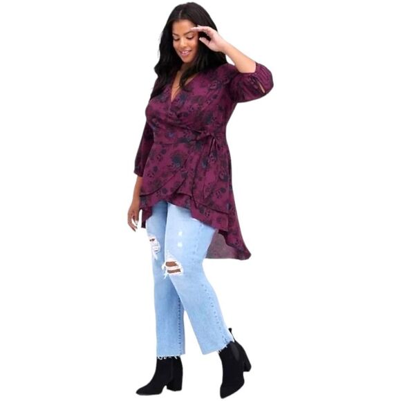 TORRID SKULLS Blue Rose Georgette Purple Wrap Tunic Tie Front Blouse. - Picture 3 of 16